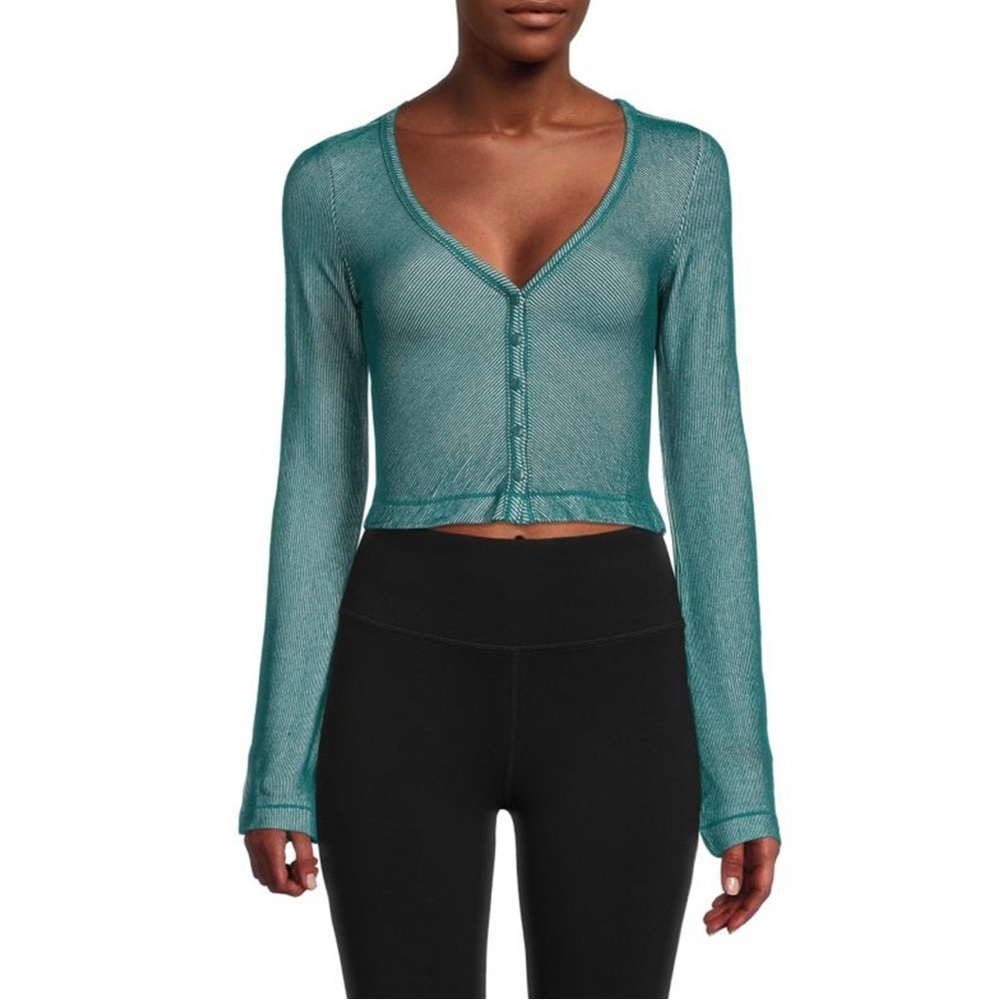 Free People Movement Ribbed Button Front Crop Top Green V-Neck Long Sleeve Top